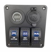 Pactrade Bus RV Car Blue LED 3 Gang Rocker Switch Aluminum Panel Voltmeter Power